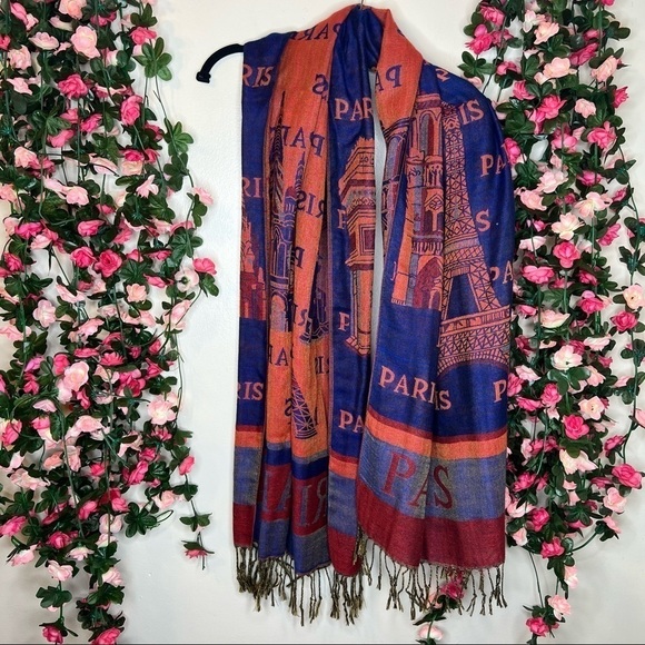 🌹Paris Blue Orange Scene France Pattern Scarf Womens Viscose - Picture 1 of 6